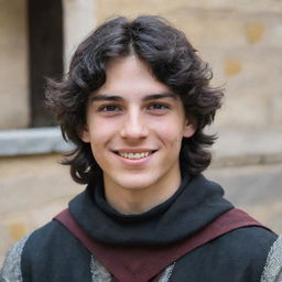 An 18-year-old boy with a pointed nose, black wavy hair covering his neck, black eyes, and a mischievous smile with a straight scar on his lip, dressed in medieval adventurer attire.