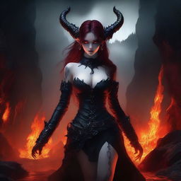 A stunningly attractive demon girl with red skin and horns, standing in the fiery depths of hell