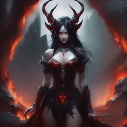 A stunningly attractive demon girl with red skin and horns, standing in the fiery depths of hell