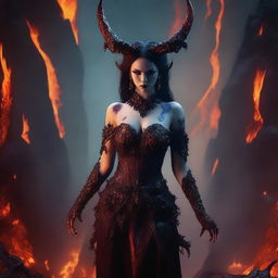 A stunningly attractive demon girl with red skin and horns, standing in the fiery depths of hell