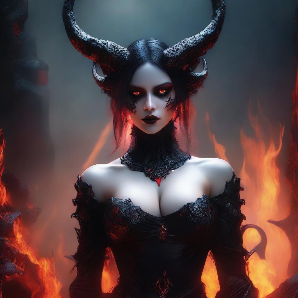 A stunningly attractive demon girl with red skin and horns, standing in the fiery depths of hell