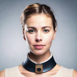 A young woman wearing a locked collar around her neck