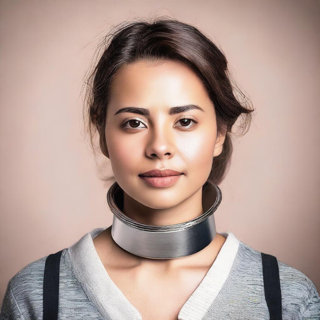 A young woman wearing a locked collar around her neck