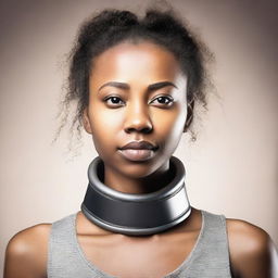 A young woman wearing a locked collar around her neck