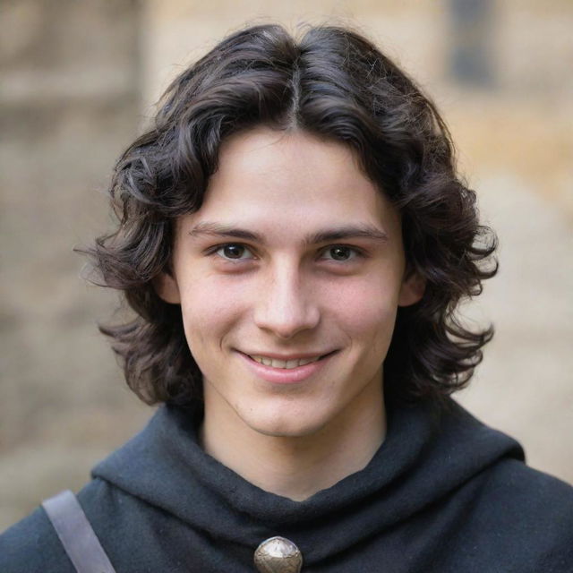 An 18-year-old boy with a pointed nose, black wavy hair covering his neck, black eyes, and a mischievous smile with a straight scar on his lip, dressed in medieval adventurer attire.