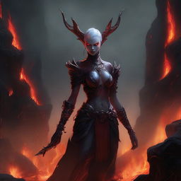 A demon elf with sharp features, red skin, and pointed ears, standing in a hellish landscape