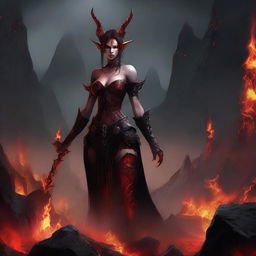 A demon elf with sharp features, red skin, and pointed ears, standing in a hellish landscape