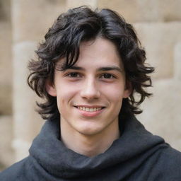 An 18-year-old boy with a pointed nose, black wavy hair covering his neck, black eyes, and a mischievous smile with a straight scar on his lip, dressed in medieval adventurer attire.