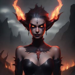 A demon elf with sharp features, red skin, and pointed ears, standing in a hellish landscape