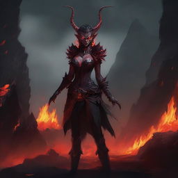 A demon elf with sharp features, red skin, and pointed ears, standing in a hellish landscape