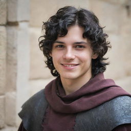 An 18-year-old boy with a pointed nose, black wavy hair covering his neck, black eyes, a mischievous and somewhat evil smile, along with a straight scar on his lip, dressed in medieval adventurer attire.