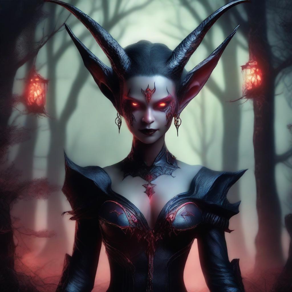 A demon elf with sharp features, red skin, and pointed ears