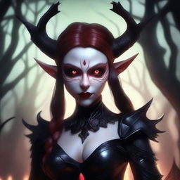 A demon elf with sharp features, red skin, and pointed ears