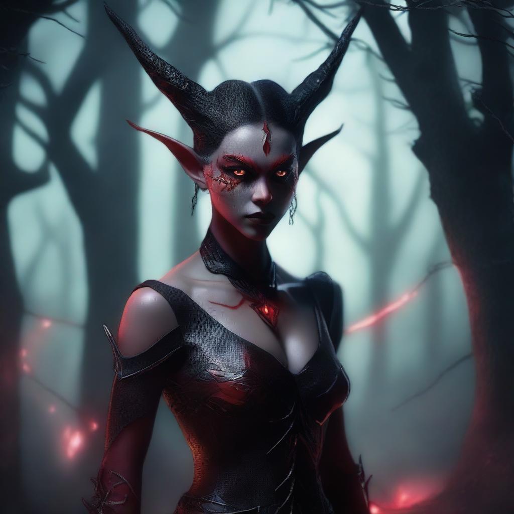 A demon elf with sharp features, red skin, and pointed ears