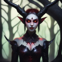 A demon elf with sharp features, red skin, and pointed ears