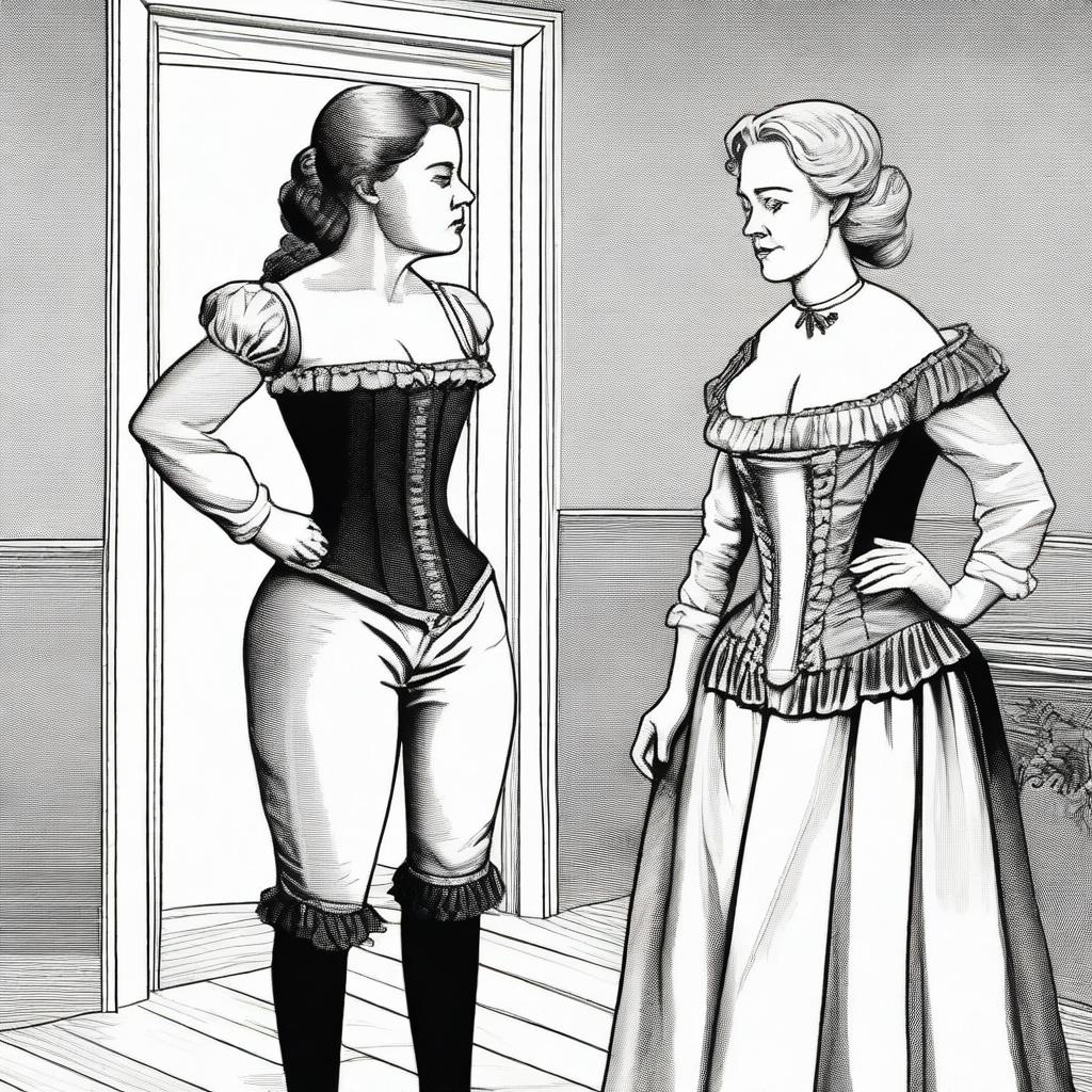 A young woman is being forced to wear a corset by an older woman