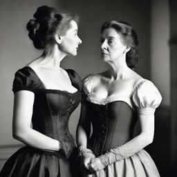 A young woman is being forced to wear a corset by an older woman