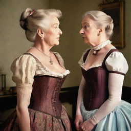 A young woman is being forced to wear a corset by an older woman