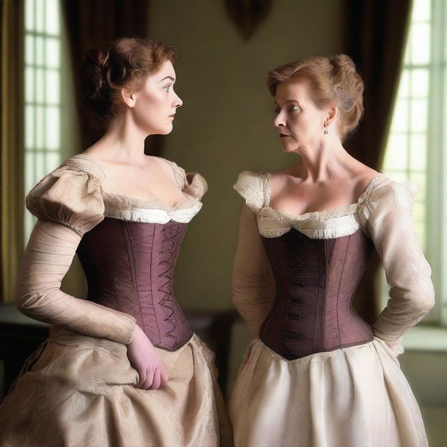 A young woman is being forced to wear a corset by an older woman