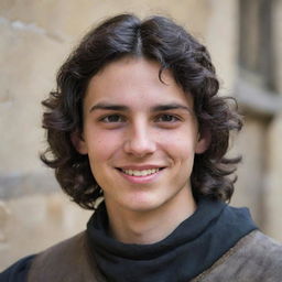 An 18-year-old boy with a pointed nose, black wavy hair covering his neck, black eyes, a mischievous and somewhat evil smile, along with a straight scar on his lip, dressed in medieval adventurer attire.