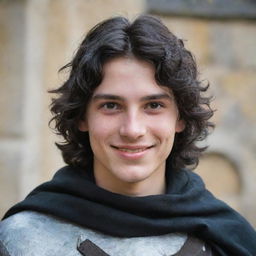 An 18-year-old boy with a pointed nose, black wavy hair covering his neck, black eyes, a mischievous and somewhat evil smile, along with a straight scar on his lip, dressed in medieval adventurer attire.