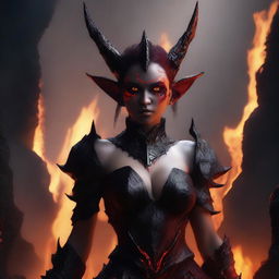 A demon elf with sharp features, red skin, and pointed ears standing in the fiery depths of Hell