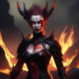 A demon elf with sharp features, red skin, and pointed ears standing in the fiery depths of Hell