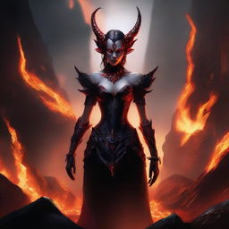 A demon elf with sharp features, red skin, and pointed ears standing in the fiery depths of Hell