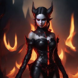 A demon elf with sharp features, red skin, and pointed ears standing in the fiery depths of Hell