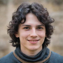 An 18-year-old boy with a pointed nose, black wavy hair covering his neck, black eyes, a mischievous and somewhat evil smile, along with a straight scar on his lip, dressed in medieval adventurer attire.