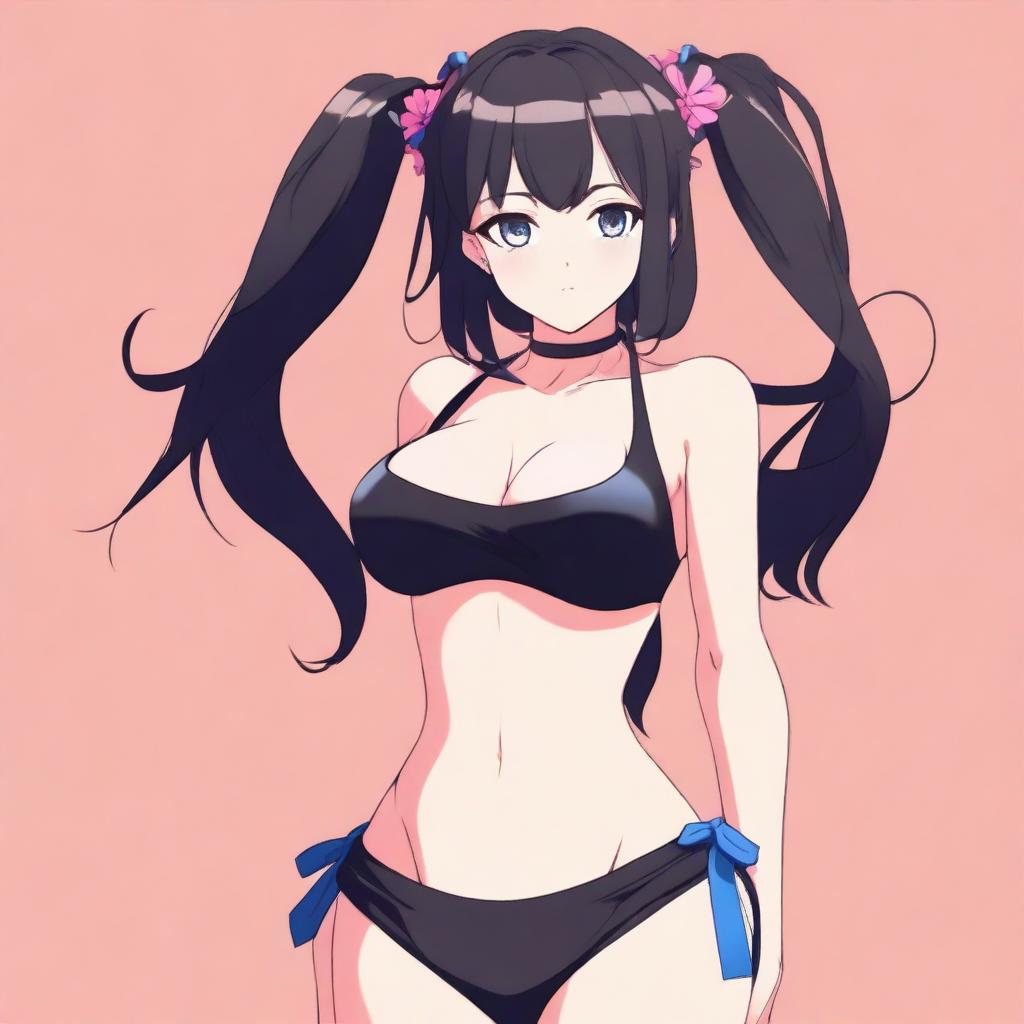 A stylized anime waifu character with exaggerated proportions, featuring a 150 cm bust and an 80 cm waist, wearing a black tiny bikini