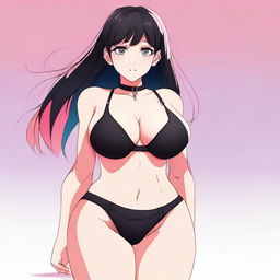 A stylized anime waifu character with exaggerated proportions, featuring a 150 cm bust and an 80 cm waist, wearing a black tiny bikini