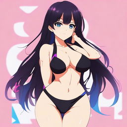 A stylized anime waifu character with exaggerated proportions, featuring a 150 cm bust and an 80 cm waist, wearing a black tiny bikini