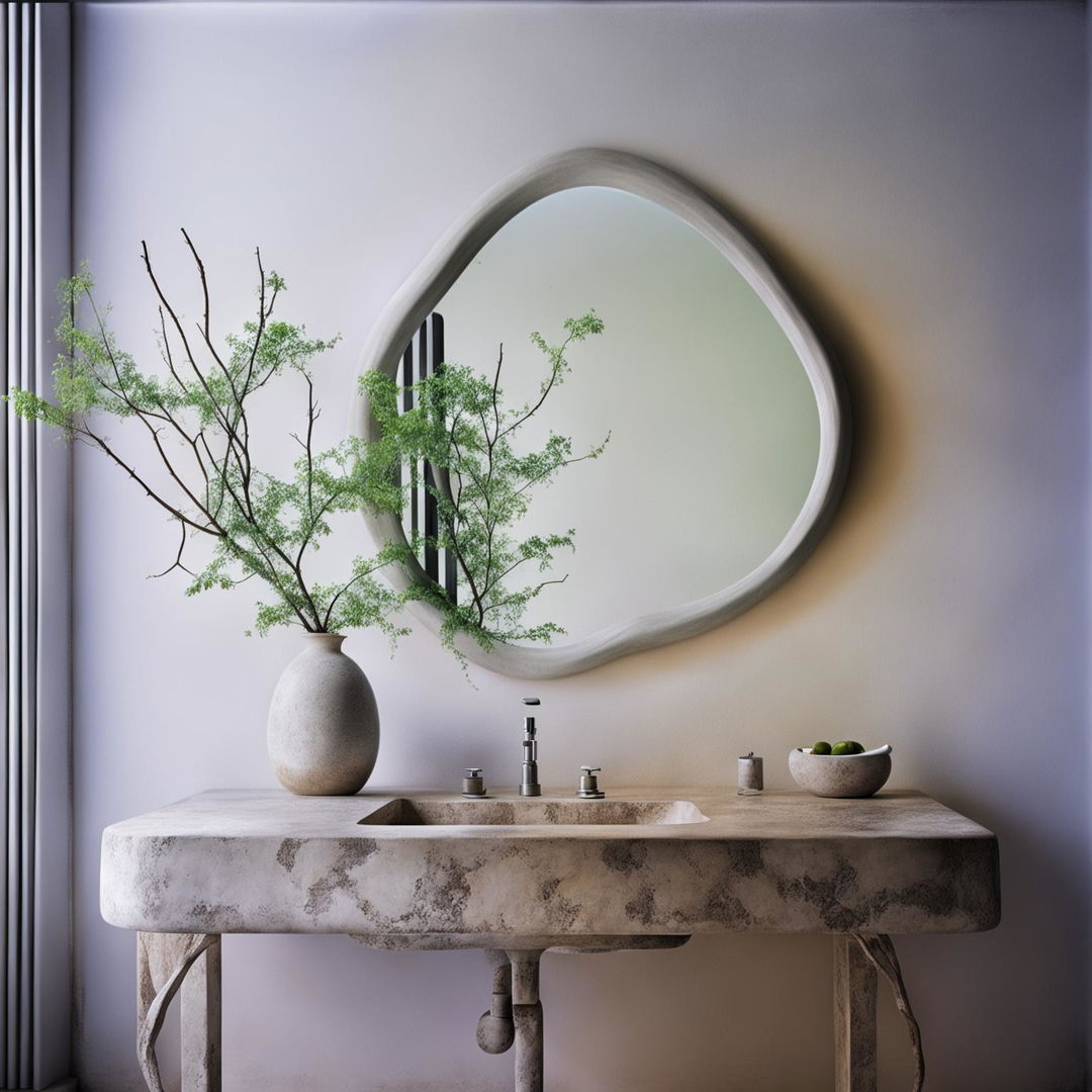 A serene bathroom with soft white Venetian plaster wall, dainty stone vanity, organic-shaped mirror, vase with green branches under gentle lighting in an architectural elevation.