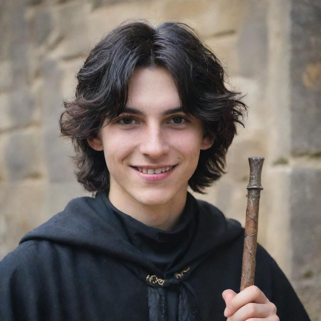 An 18-year-old boy with a pointed nose, wavy black hair covering his neck, black eyes, an evil mischievous smile and a straight scar on his lip. He is dressed in medieval adventure attire, holding a magician's staff.