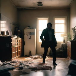 An action-packed scene featuring Little John in a small, cluttered apartment