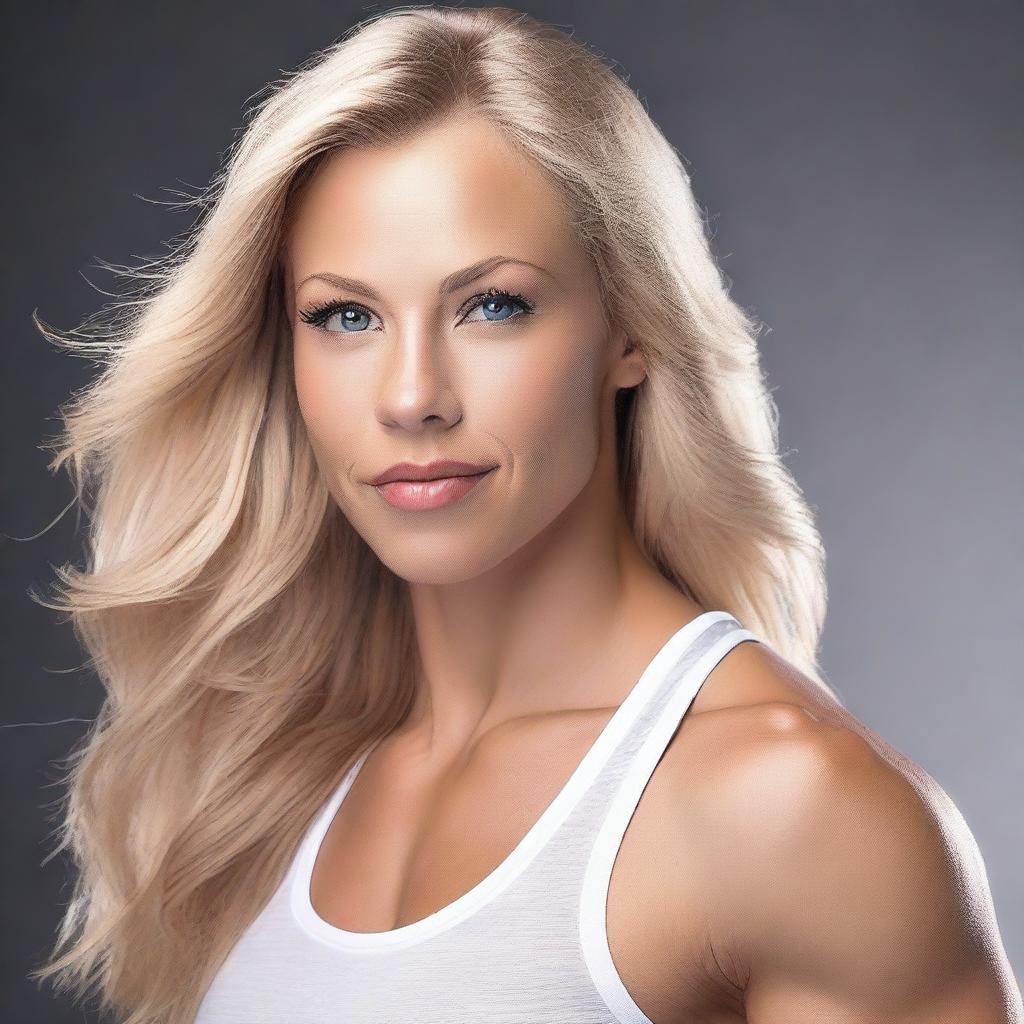 Create an image of a beautiful, young, and muscular woman with long blonde hair and a perfect face