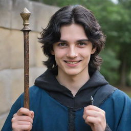 An 18-year-old boy with a pointed nose, wavy black hair covering his neck, black eyes, an evil mischievous smile and a straight scar on his lip. He is dressed in medieval adventure attire, holding a magician's staff.