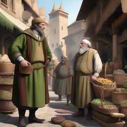 A detailed image of a merchant and a swindler in a bustling medieval marketplace