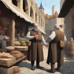 A detailed image of a merchant and a swindler in a bustling medieval marketplace