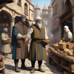 A detailed image of a merchant and a swindler in a bustling medieval marketplace