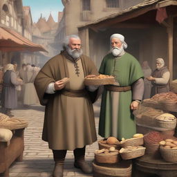 A detailed image of a merchant and a swindler in a bustling medieval marketplace