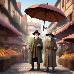 A detailed image of a merchant and a swindler in a bustling medieval marketplace