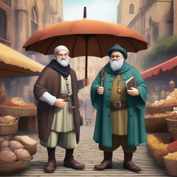 A detailed image of a merchant and a swindler in a bustling medieval marketplace