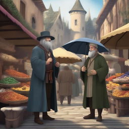 A detailed image of a merchant and a swindler in a bustling medieval marketplace