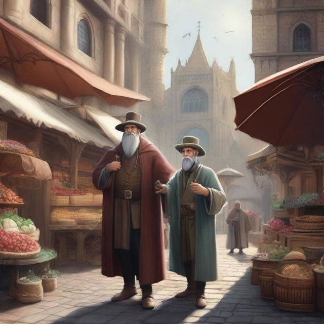 A detailed image of a merchant and a swindler in a bustling medieval marketplace