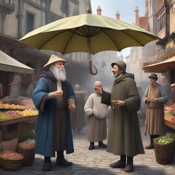 A detailed image of a medieval peasant interacting with a merchant in a bustling marketplace