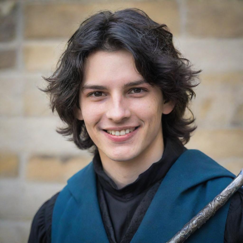 An 18-year-old boy with a pointed nose, wavy black hair covering his neck, black eyes, an evil mischievous smile and a straight scar on his lip. He is dressed in medieval adventure attire, holding a magician's staff.