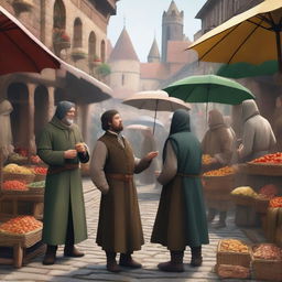 A detailed image of a medieval peasant interacting with a merchant in a bustling marketplace