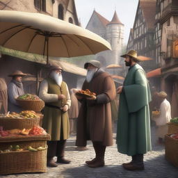 A detailed image of a medieval peasant interacting with a merchant in a bustling marketplace